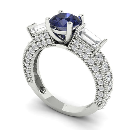 2.33 cttw Simulated Blue Sapphire Three-Stone Engagement Ring - Solid Gold (Round Cut,6.5mm)
