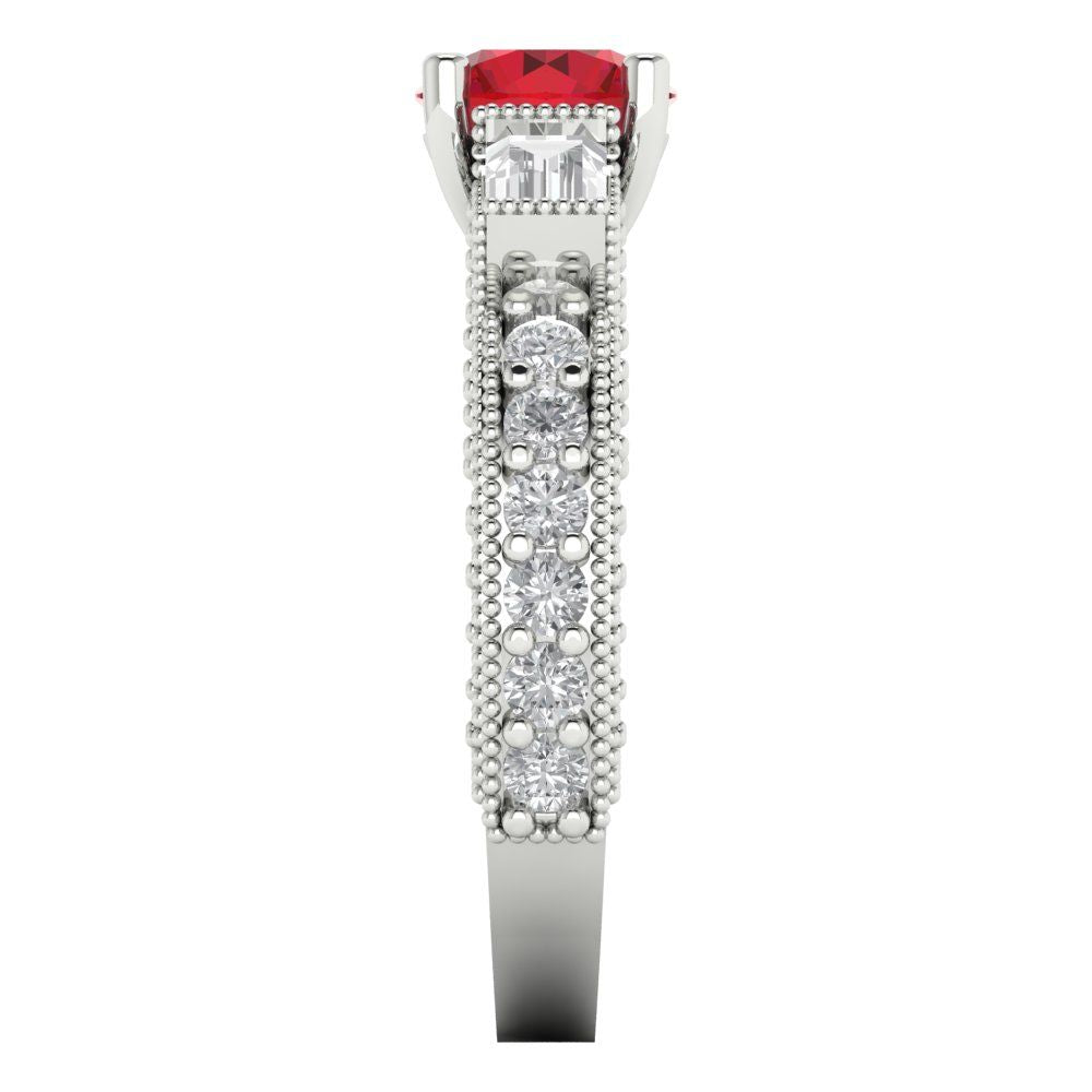 2.33 cttw Simulated Ruby Three-Stone Engagement Ring - Solid White Gold (VVS1, Round Cut,6.5mm)