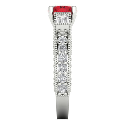 2.33 cttw Simulated Ruby Three-Stone Engagement Ring - Solid White Gold (VVS1, Round Cut,6.5mm)
