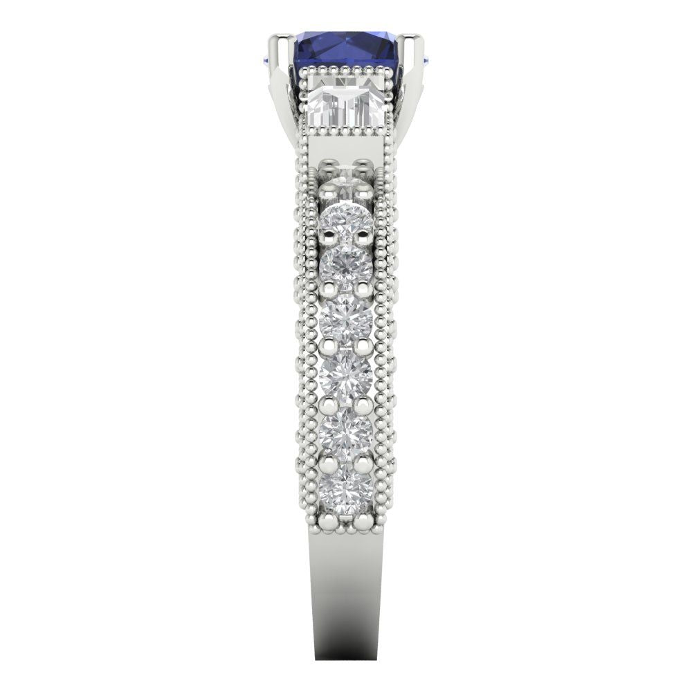 2.33 cttw Simulated Blue Sapphire Three-Stone Engagement Ring - Solid Gold (Round Cut,6.5mm)