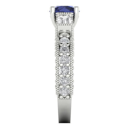 2.33 cttw Simulated Blue Sapphire Three-Stone Engagement Ring - Solid Gold (Round Cut,6.5mm)