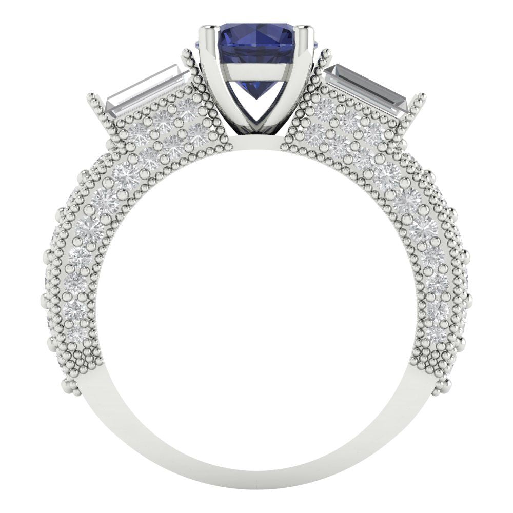 2.33 cttw Simulated Blue Sapphire Three-Stone Engagement Ring - Solid Gold (Round Cut,6.5mm)