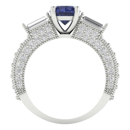 2.33 cttw Simulated Blue Sapphire Three-Stone Engagement Ring - Solid Gold (Round Cut,6.5mm)