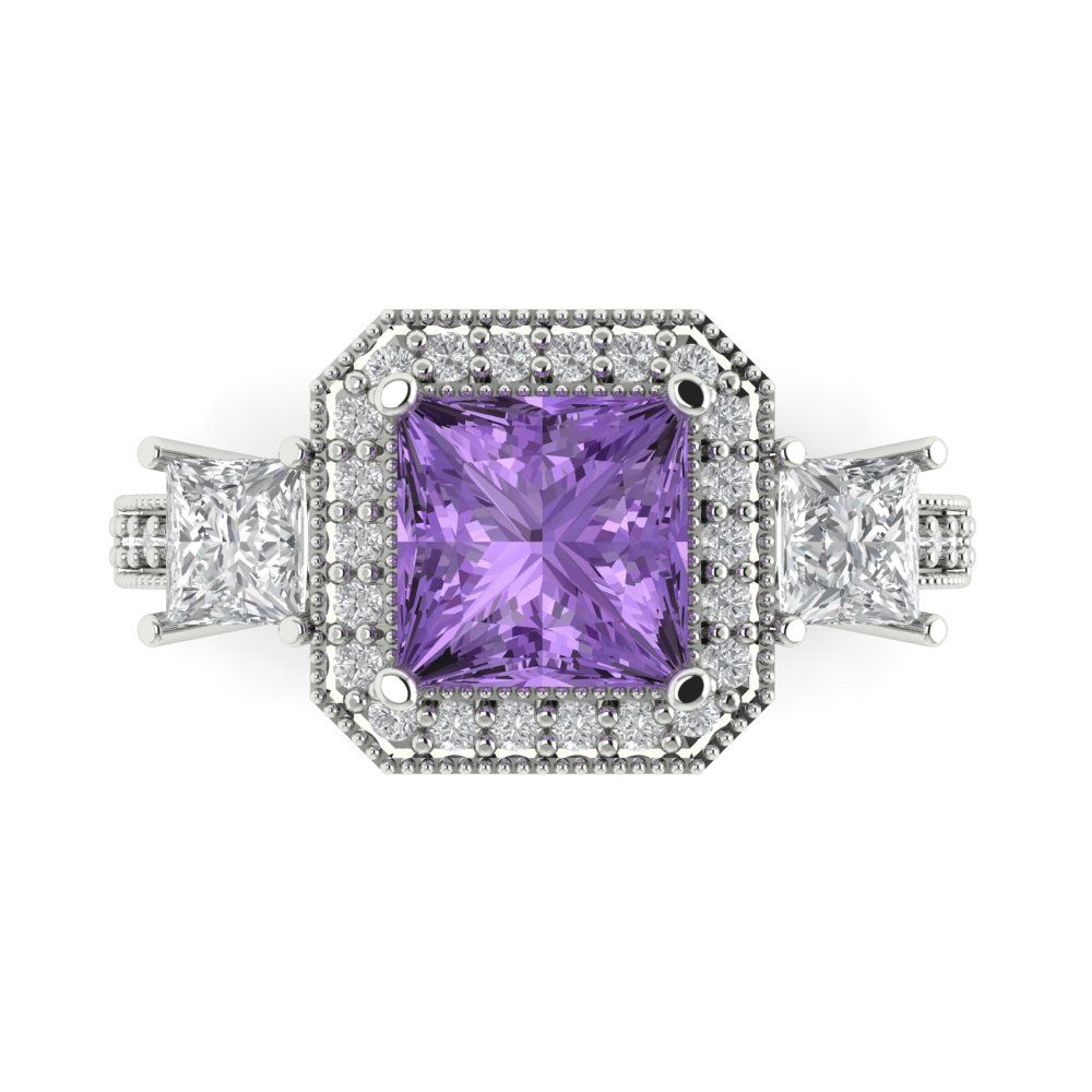 3.005 cttw Simulated Alexandrite Three-Stone Engagement Ring - Solid Gold (Princess Cut,7.0mm)