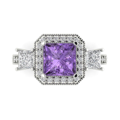 3.005 cttw Simulated Alexandrite Three-Stone Engagement Ring - Solid Gold (Princess Cut,7.0mm)