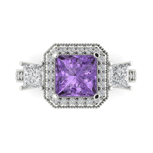 3.005 cttw Simulated Alexandrite Three-Stone Engagement Ring - Solid White Gold (VVS1, Princess Cut,7.0mm)