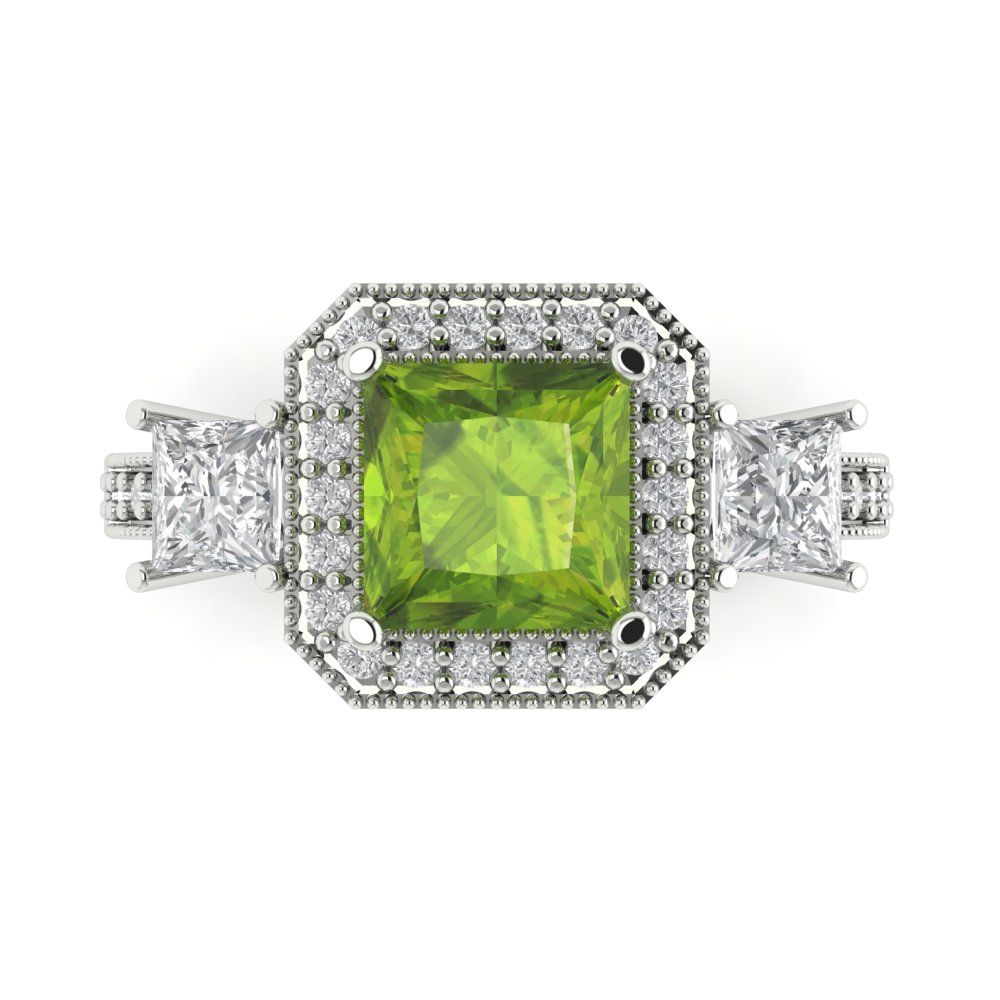 3.005 cttw Natural Peridot Three-Stone Engagement Ring - Solid White Gold (VVS1, Princess Cut,7.0mm)