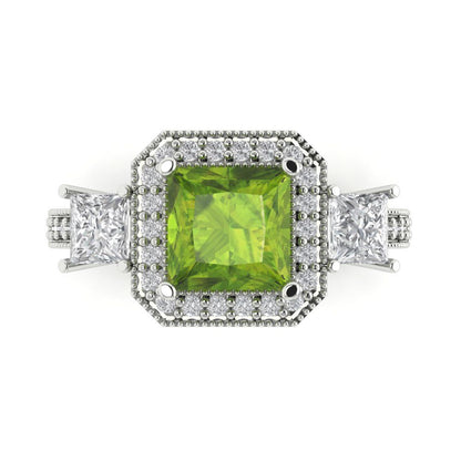 3.005 cttw Natural Peridot Three-Stone Engagement Ring - Solid White Gold (VVS1, Princess Cut,7.0mm)
