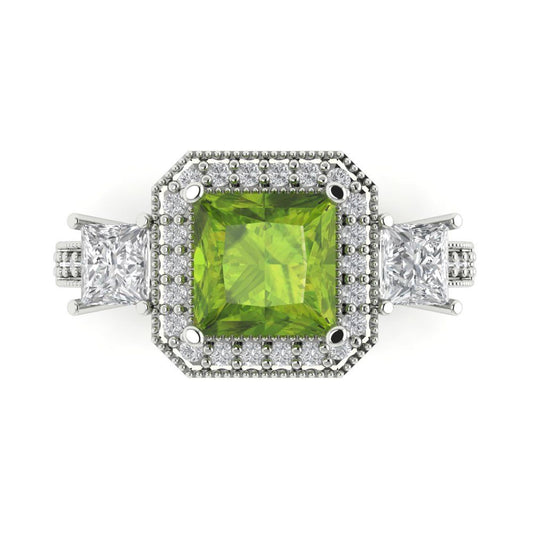 3.005 cttw Natural Peridot Three-Stone Engagement Ring - Solid White Gold (VVS1, Princess Cut,7.0mm)