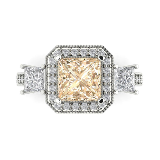 3.005 cttw Natural Morganite Three-Stone Engagement Ring - Solid White Gold (VVS1, Princess Cut,7.0mm)