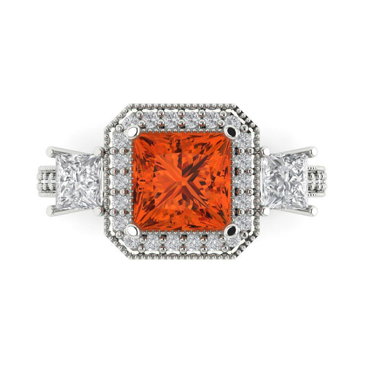 3.005 cttw Zirconia Simulated Red Diamond Three-Stone Engagement Ring - Solid White Gold (VVS1, Princess Cut,7.0mm)