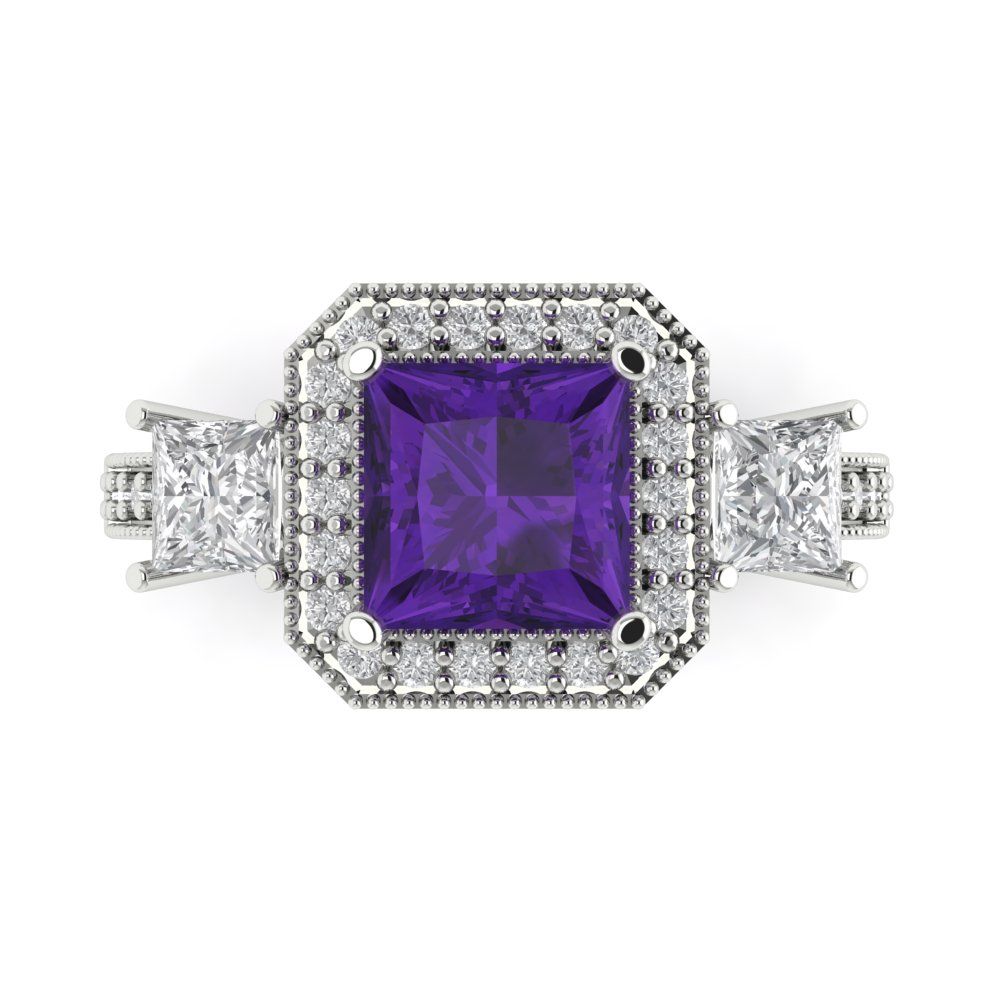 3.005 cttw Natural Amethyst Three-Stone Engagement Ring - Solid Gold (Princess Cut,7.0mm)