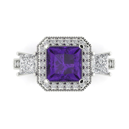 3.005 cttw Natural Amethyst Three-Stone Engagement Ring - Solid Gold (Princess Cut,7.0mm)