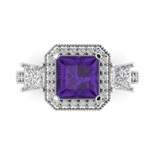3.005 cttw Natural Amethyst Three-Stone Engagement Ring - Solid White Gold (VVS1, Princess Cut,7.0mm)