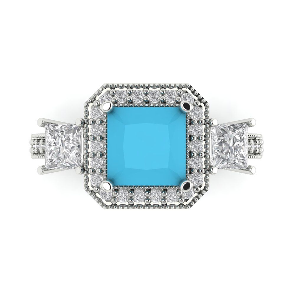 3.005 cttw Simulated Turquoise Three-Stone Engagement Ring - Solid Gold (Princess Cut,7.0mm)