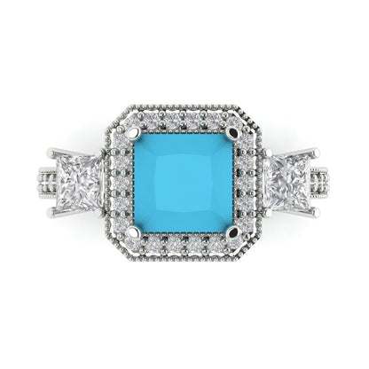 3.005 cttw Simulated Turquoise Three-Stone Engagement Ring - Solid Gold (Princess Cut,7.0mm)