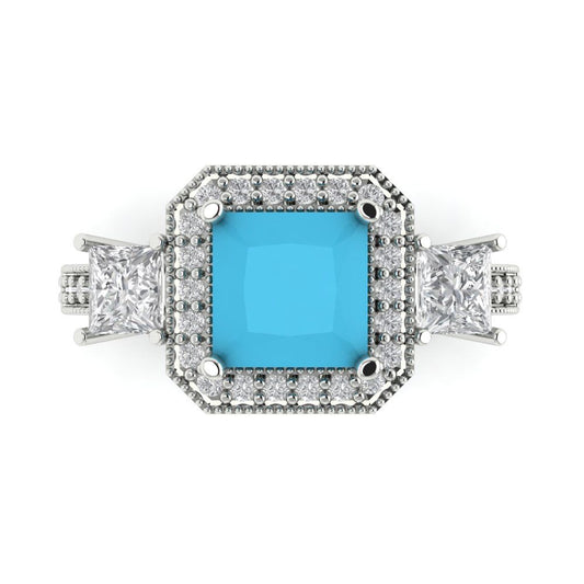 3.005 cttw Simulated Turquoise Three-Stone Engagement Ring - Solid White Gold (VVS1, Princess Cut,7.0mm)