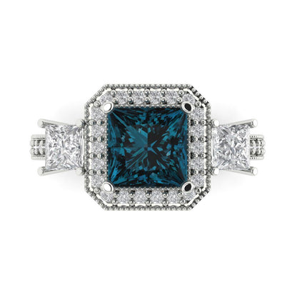 3.005 cttw Natural London Blue Topaz Three-Stone Engagement Ring - Solid Gold (Princess Cut,7.0mm)