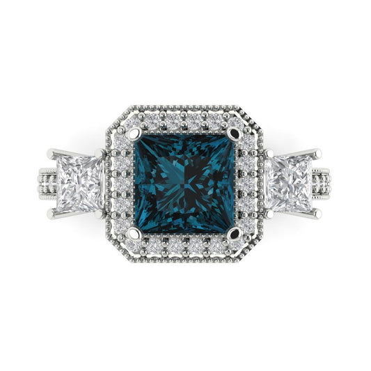 3.005 cttw Natural London Blue Topaz Three-Stone Engagement Ring - Solid White Gold (VVS1, Princess Cut,7.0mm)