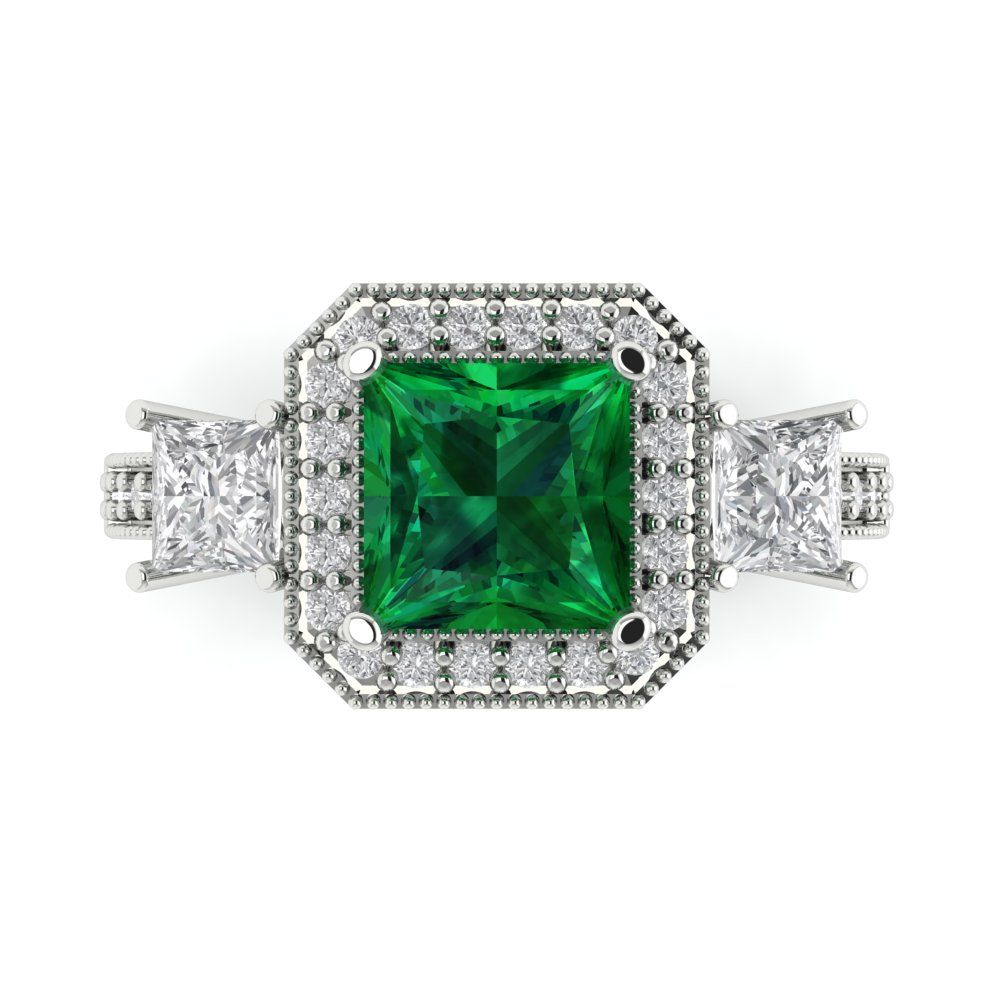 3.005 cttw Simulated Emerald Three-Stone Engagement Ring - Solid Gold (Princess Cut,7.0mm)