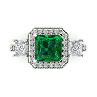 3.005 cttw Simulated Emerald Three-Stone Engagement Ring - Solid Gold (Princess Cut,7.0mm)