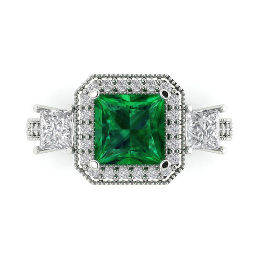 3.005 cttw Simulated Emerald Three-Stone Engagement Ring - Solid White Gold (VVS1, Princess Cut,7.0mm)