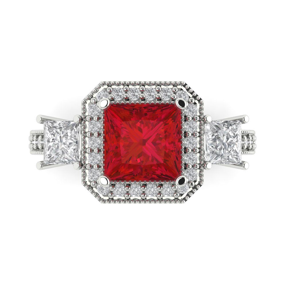 3.005 cttw Simulated Ruby Three-Stone Engagement Ring - Solid Gold (Princess Cut,7.0mm)