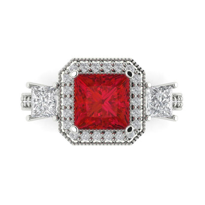 3.005 cttw Simulated Ruby Three-Stone Engagement Ring - Solid Gold (Princess Cut,7.0mm)