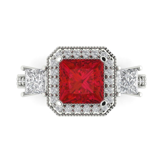3.005 cttw Simulated Ruby Three-Stone Engagement Ring - Solid White Gold (VVS1, Princess Cut,7.0mm)