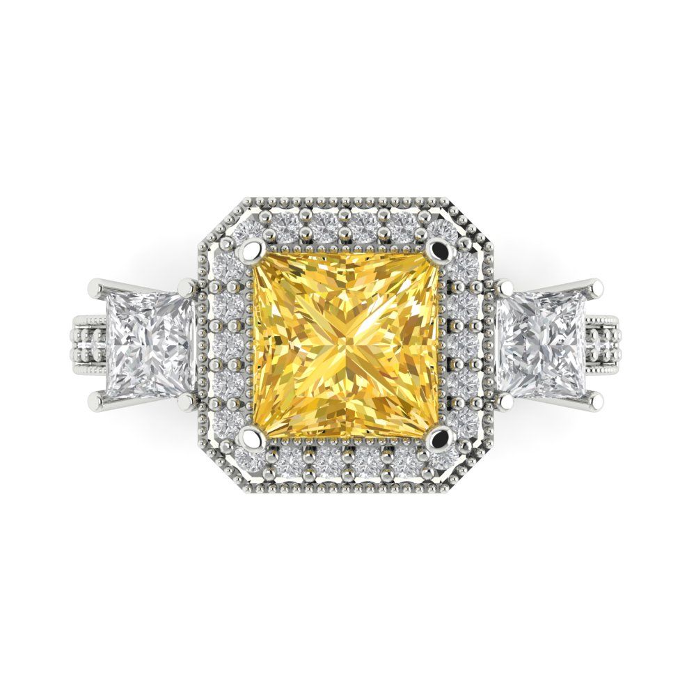 3.005 cttw Zirconia Simulated Yellow Diamond Three-Stone Engagement Ring - Solid Gold (VVS1, Princess Cut,7.0mm)