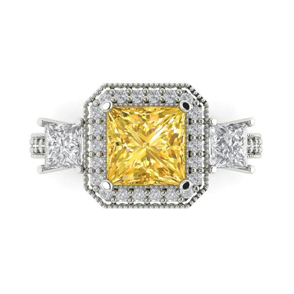 3.005 cttw Zirconia Simulated Yellow Diamond Three-Stone Engagement Ring - Solid Gold (VVS1, Princess Cut,7.0mm)