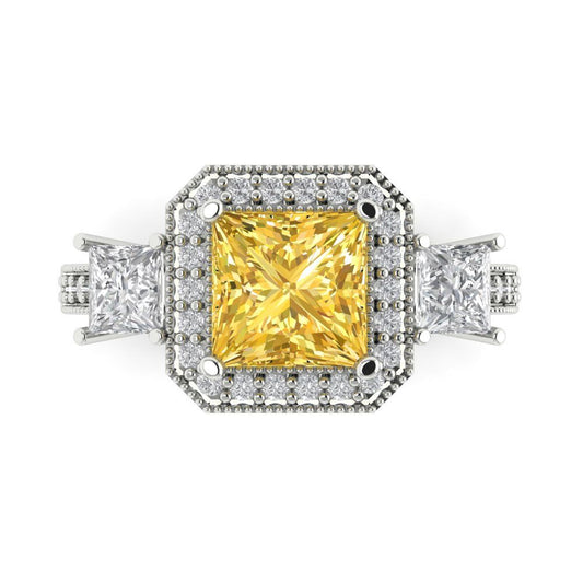 3.005 cttw Zirconia Simulated Yellow Diamond Three-Stone Engagement Ring - Solid White Gold (VVS1, Princess Cut,7.0mm)