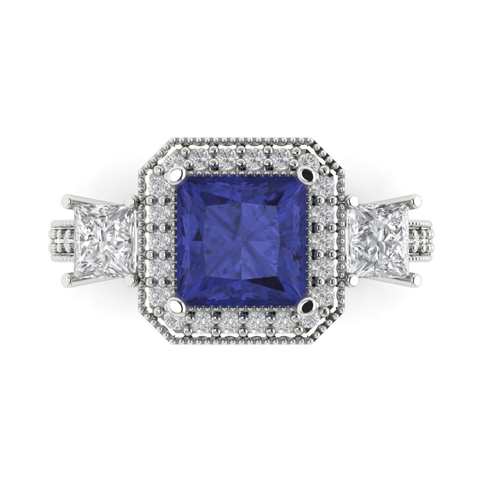 3.005 cttw Simulated Tanzanite Three-Stone Engagement Ring - Solid White Gold (VVS1, Princess Cut,7.0mm)