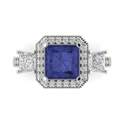 3.005 cttw Simulated Tanzanite Three-Stone Engagement Ring - Solid White Gold (VVS1, Princess Cut,7.0mm)