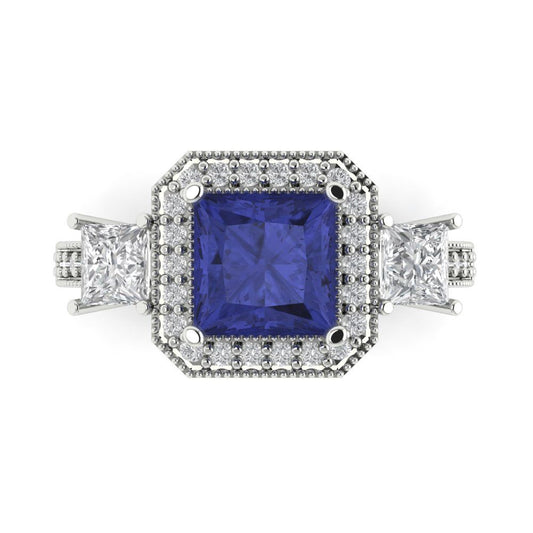 3.005 cttw Simulated Tanzanite Three-Stone Engagement Ring - Solid White Gold (VVS1, Princess Cut,7.0mm)