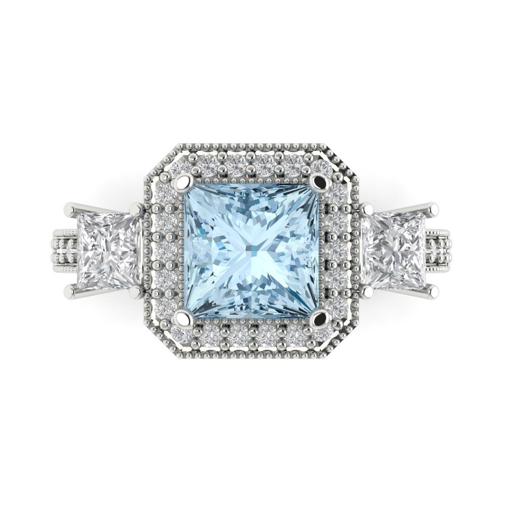 3.005 cttw Natural Aquamarine Three-Stone Engagement Ring - Solid White Gold (VVS1, Princess Cut,7.0mm)