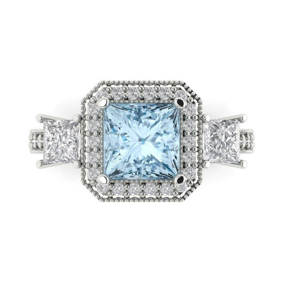 3.005 cttw Natural Aquamarine Three-Stone Engagement Ring - Solid White Gold (VVS1, Princess Cut,7.0mm)
