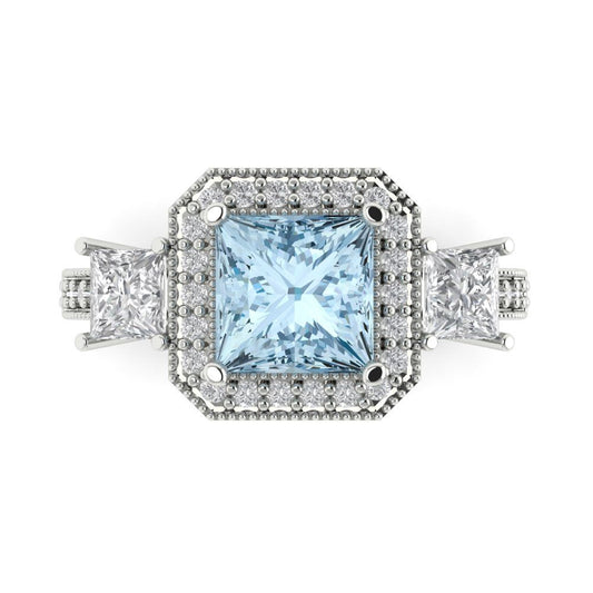 3.005 cttw Natural Aquamarine Three-Stone Engagement Ring - Solid White Gold (VVS1, Princess Cut,7.0mm)