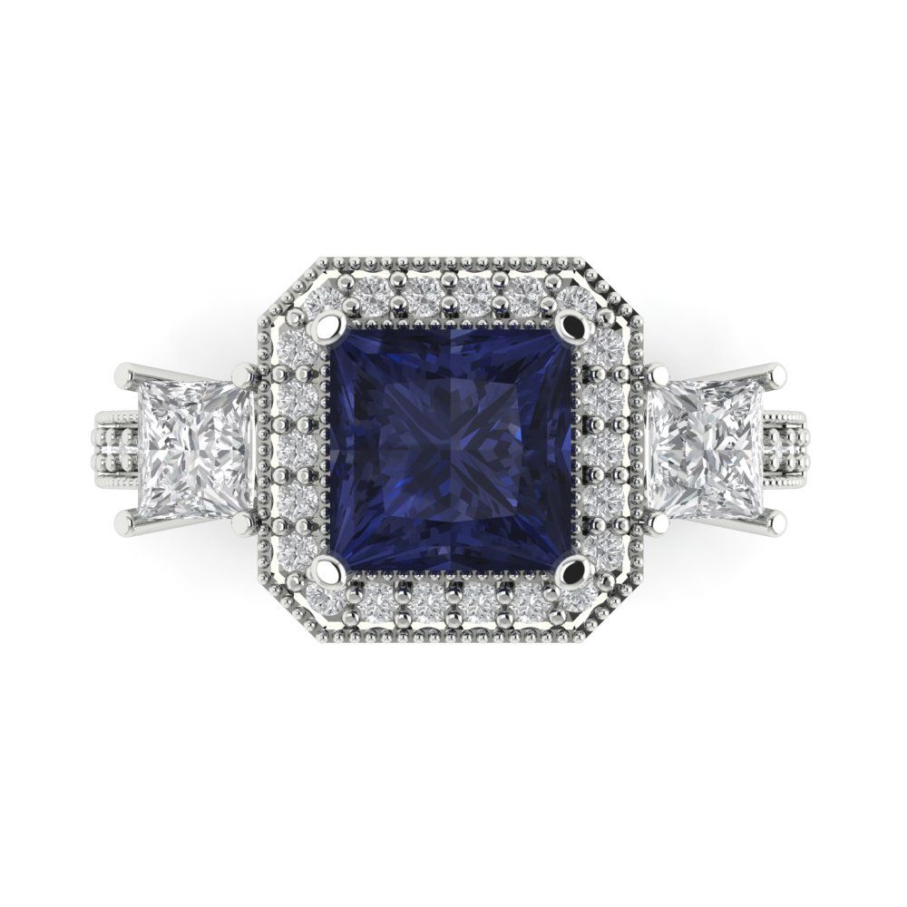 3.005 cttw Simulated Blue Sapphire Three-Stone Engagement Ring - Solid White Gold (VVS1, Princess Cut,7.0mm)