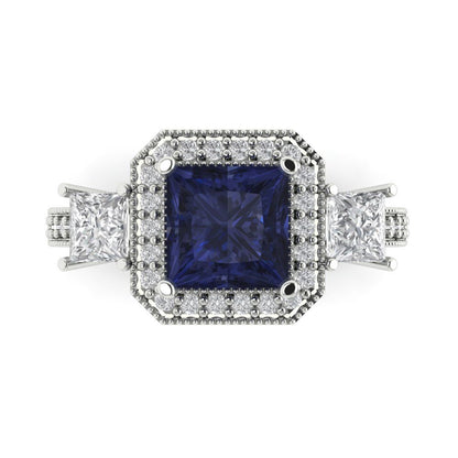 3.005 cttw Simulated Blue Sapphire Three-Stone Engagement Ring - Solid White Gold (VVS1, Princess Cut,7.0mm)