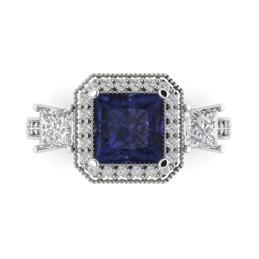 3.005 cttw Simulated Blue Sapphire Three-Stone Engagement Ring - Solid White Gold (VVS1, Princess Cut,7.0mm)