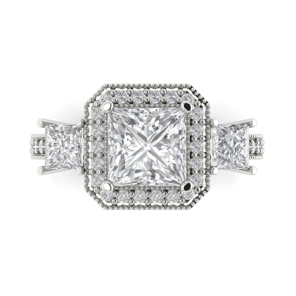 3.005 cttw Moissanite Three-Stone Engagement Ring - Solid White Gold (VVS1, Princess Cut,7.0mm)