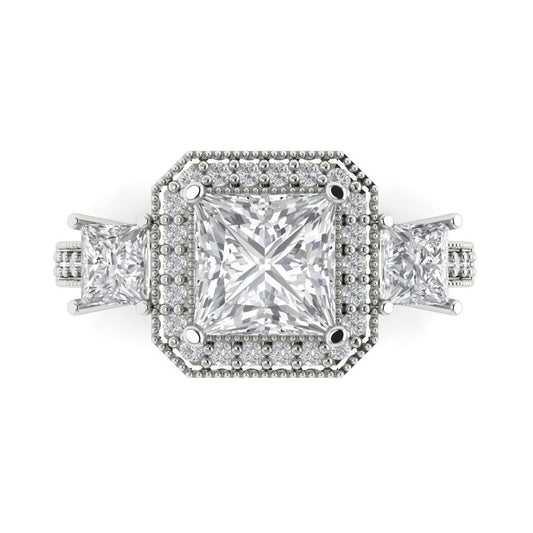3.005 cttw Moissanite Three-Stone Engagement Ring - Solid White Gold (VVS1, Princess Cut,7.0mm)