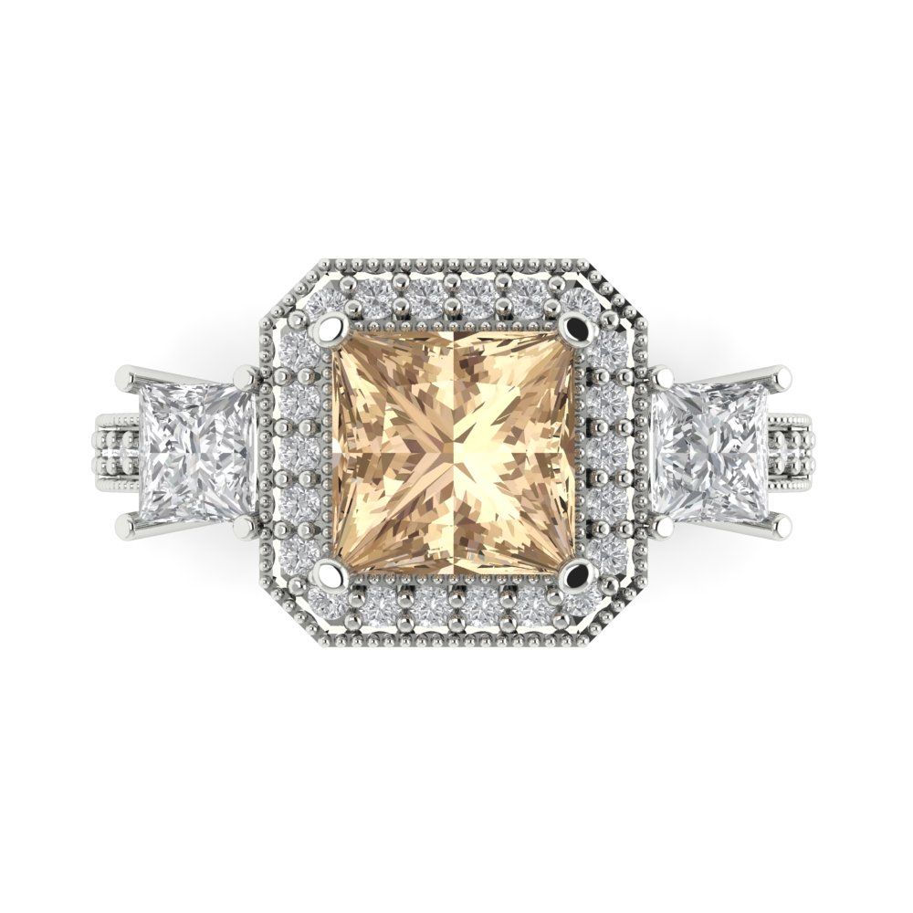 3.005 cttw Yellow Moissanite Three-Stone Engagement Ring - Solid White Gold (VVS1, Princess Cut,7.0mm)