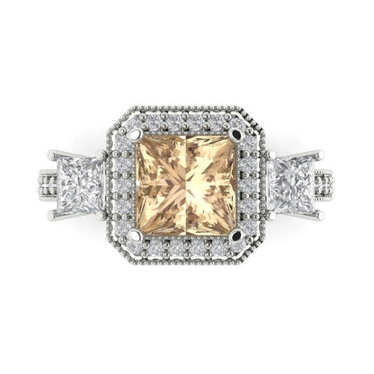 3.005 cttw Yellow Moissanite Three-Stone Engagement Ring - Solid White Gold (VVS1, Princess Cut,7.0mm)
