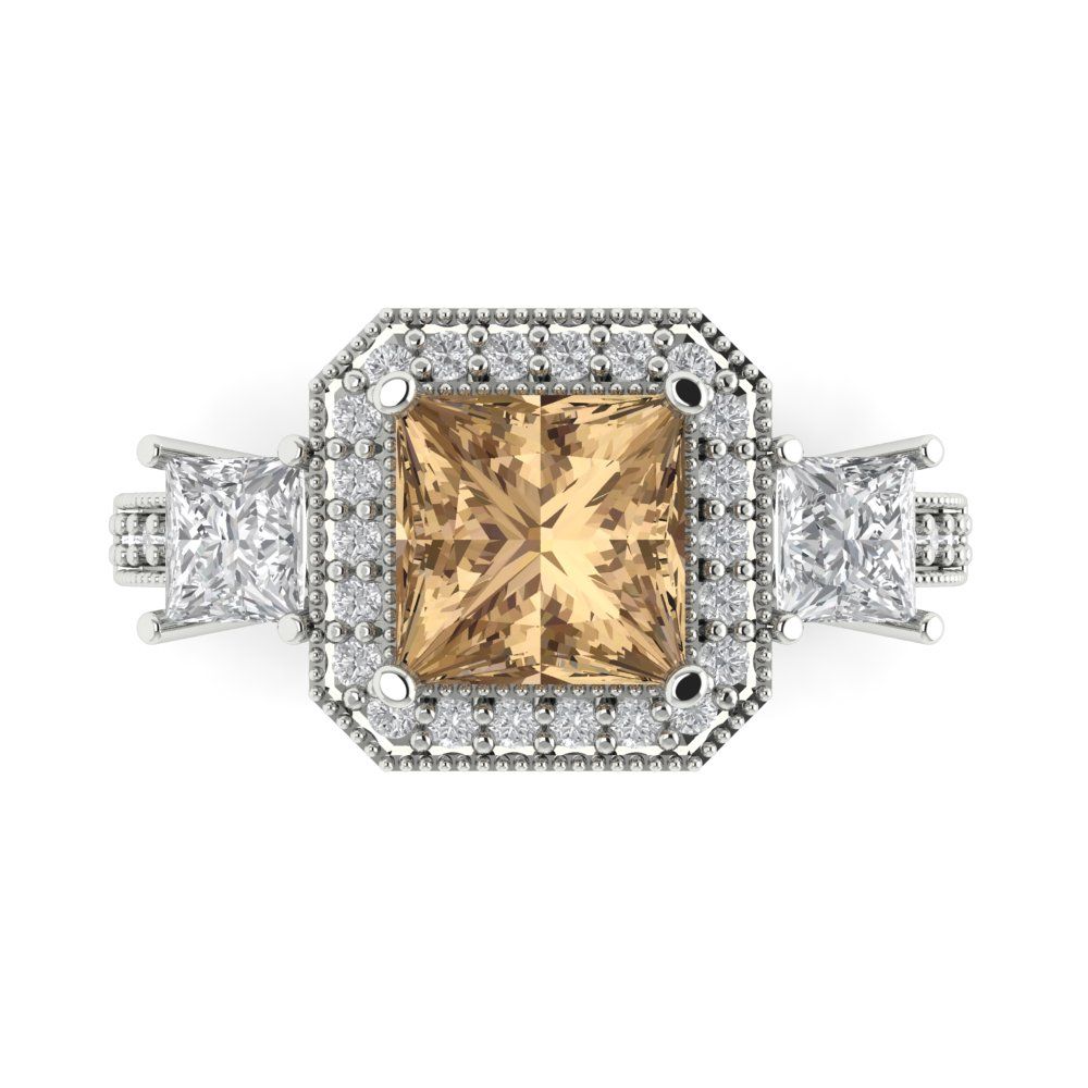 3.005 cttw Zirconia Simulated Champagne Diamond Three-Stone Engagement Ring - Solid White Gold (VVS1, Princess Cut,7.0mm)