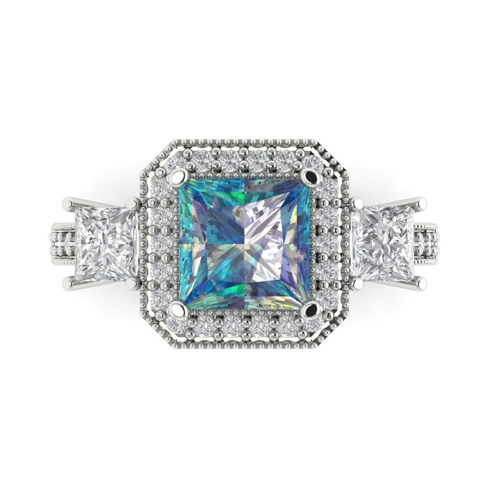 3.005 cttw Blue Moissanite Three-Stone Engagement Ring - Solid White Gold (VVS1, Princess Cut,7.0mm)