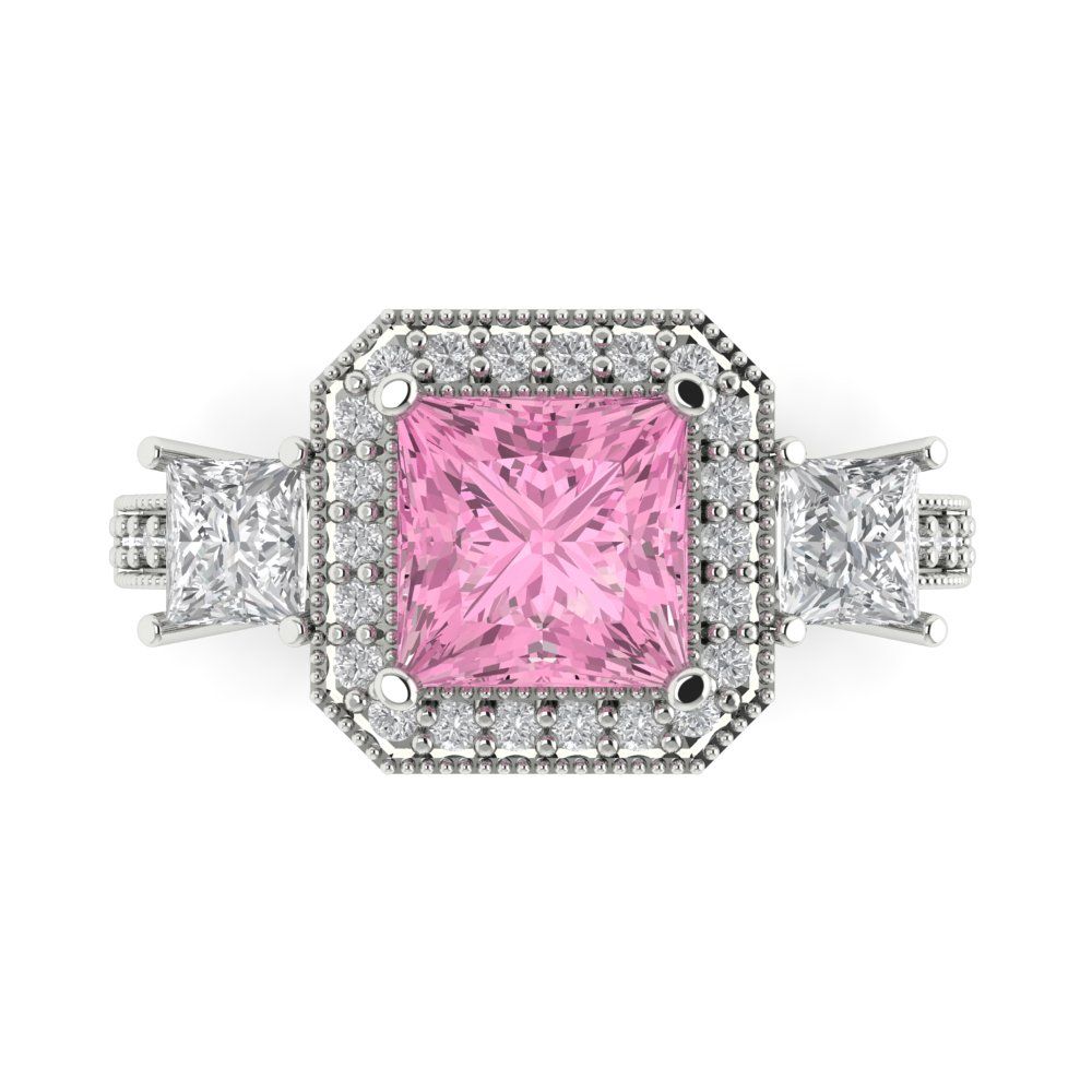 3.005 cttw Zirconia Simulated Pink Diamond Three-Stone Engagement Ring - Solid White Gold (VVS1, Princess Cut,7.0mm)