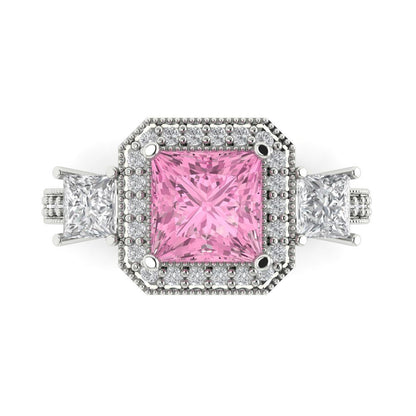3.005 cttw Zirconia Simulated Pink Diamond Three-Stone Engagement Ring - Solid White Gold (VVS1, Princess Cut,7.0mm)