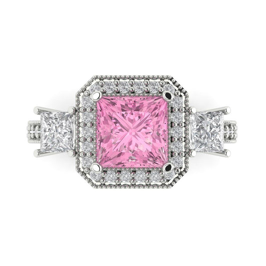 3.005 cttw Zirconia Simulated Pink Diamond Three-Stone Engagement Ring - Solid White Gold (VVS1, Princess Cut,7.0mm)